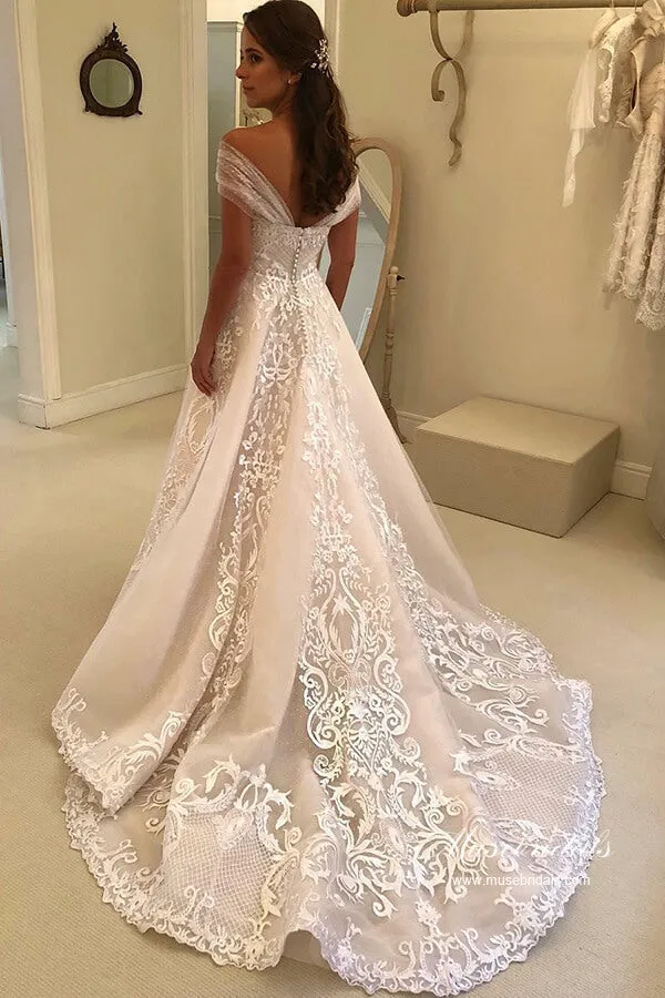 Gorgeous Tulle A-line Off-the-Shoulder Lace Appliques Wedding Dresses, MW980