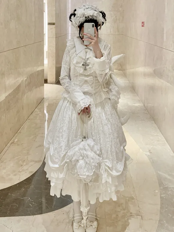Gothic Lolita Dresses Victorian Goth Lolita Long Sleeves White Black Lace Bows