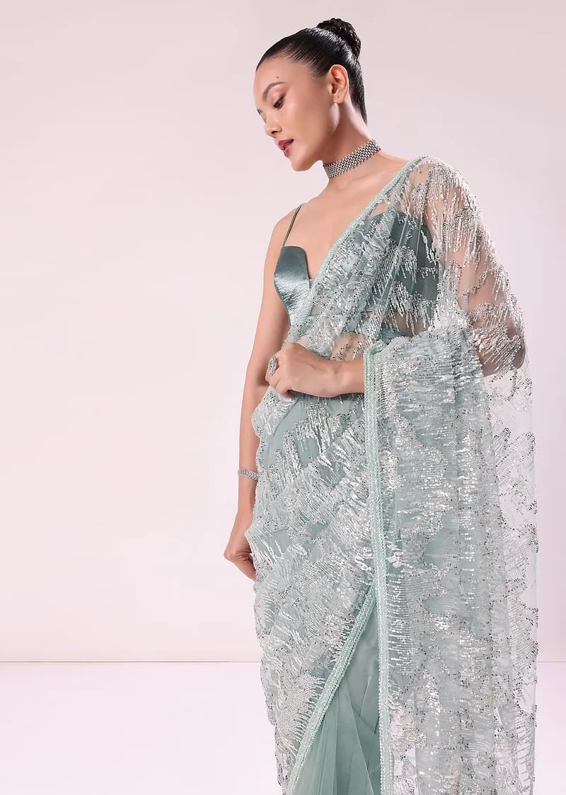 Green Fancy Sequence Net Saree With Satin Stitched