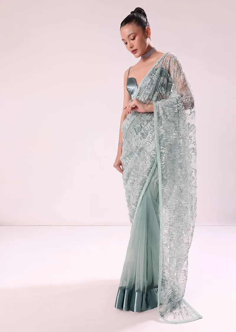 Green Fancy Sequence Net Saree With Satin Stitched