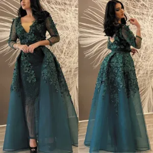 green lace appliqué prom dresses with detachable skirt long sleeve beaded 3d flowers elegant prom gowns