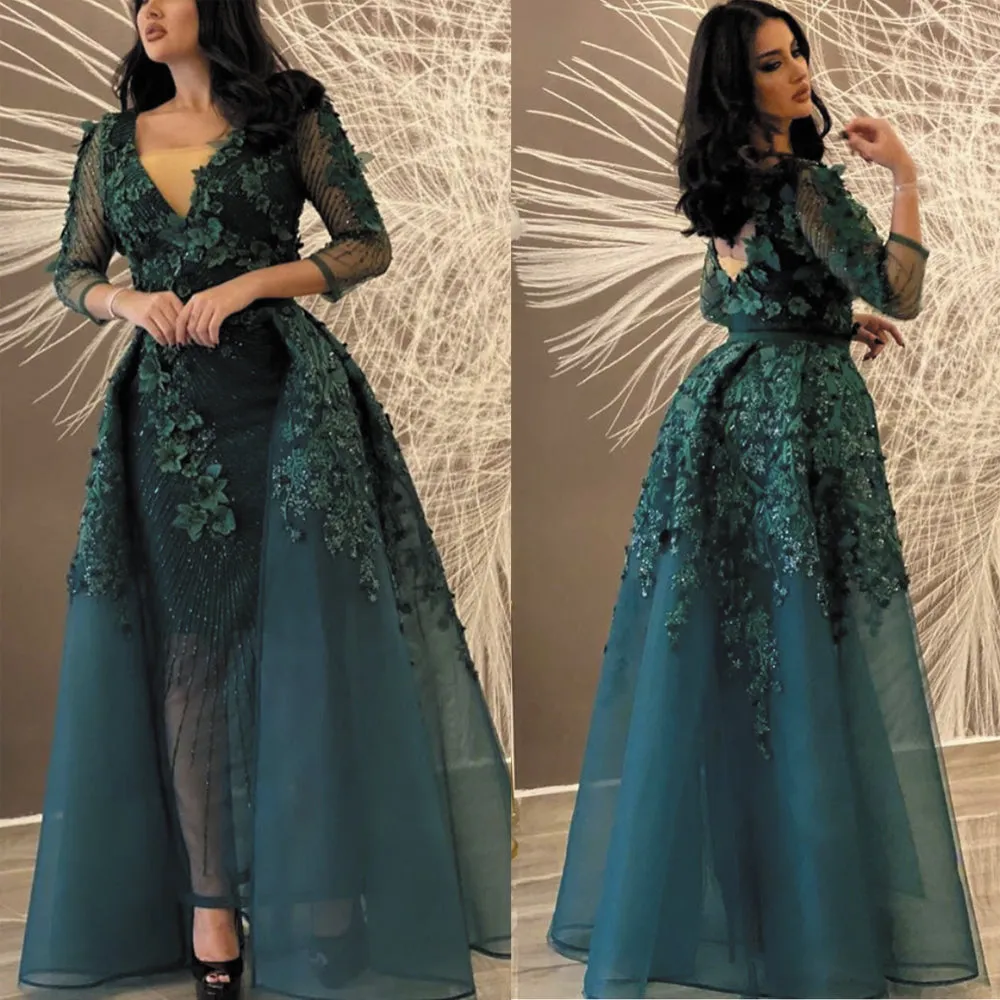 green lace appliqué prom dresses with detachable skirt long sleeve beaded 3d flowers elegant prom gowns