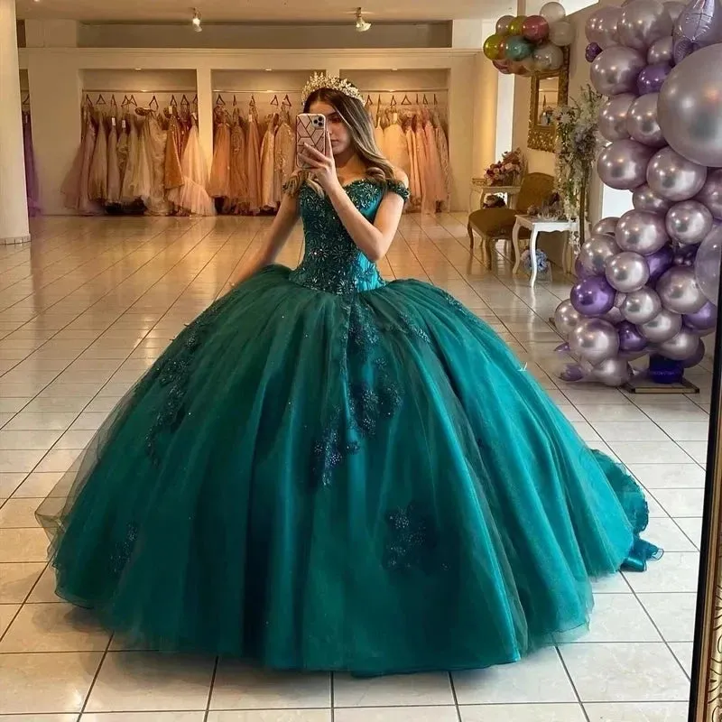Green Luxury Quinceanera Dresses Off Shoulder 3D Flower Lace Formal Birthday Party Ball Gown Vestidos de 15 años