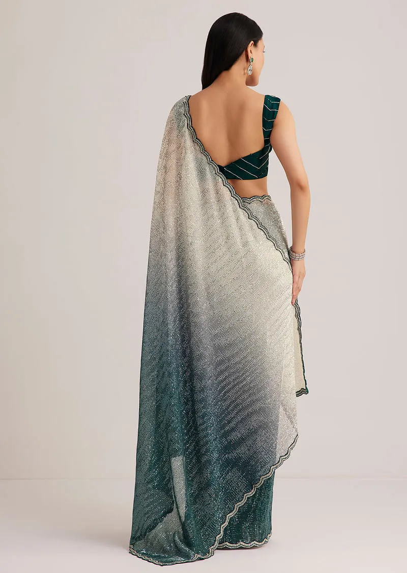 Green Ombre Saree With Sequins And Scallop Embroidery