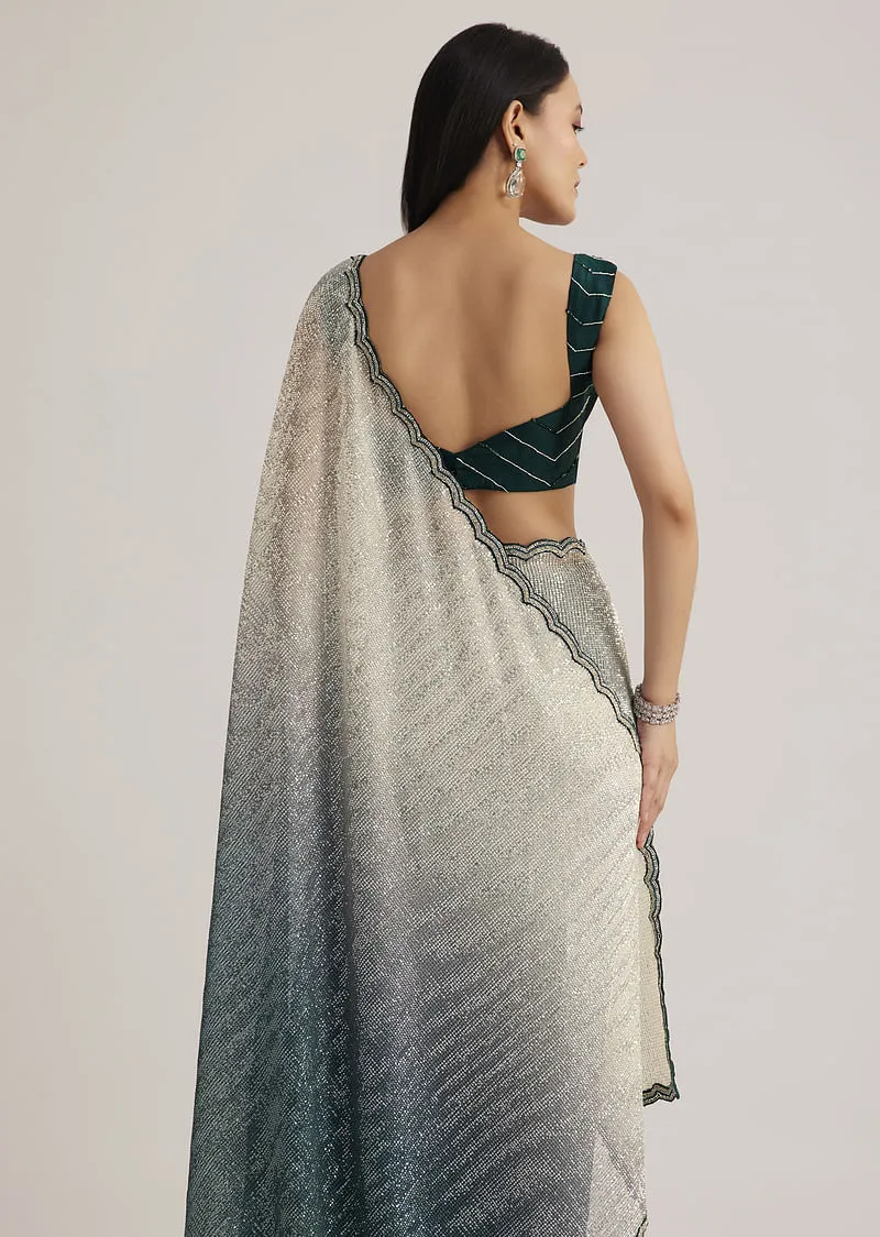Green Ombre Saree With Sequins And Scallop Embroidery