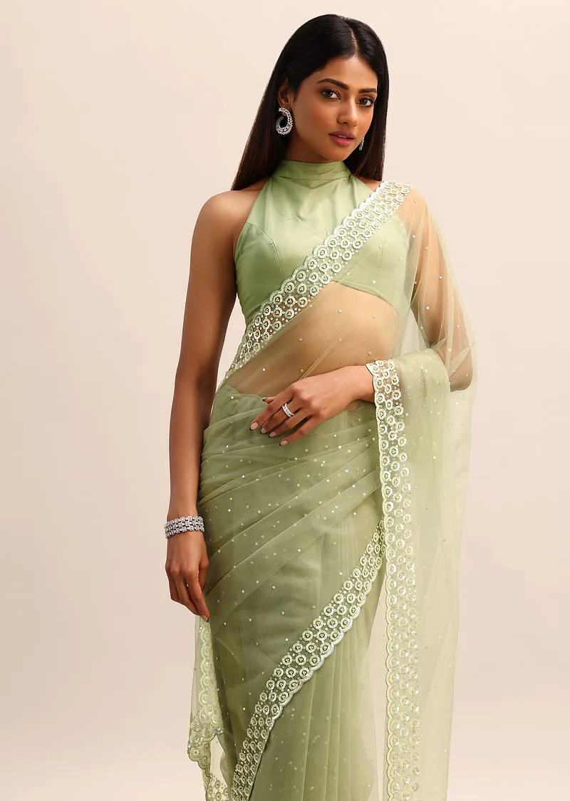 Green Organza Cutdana Saree