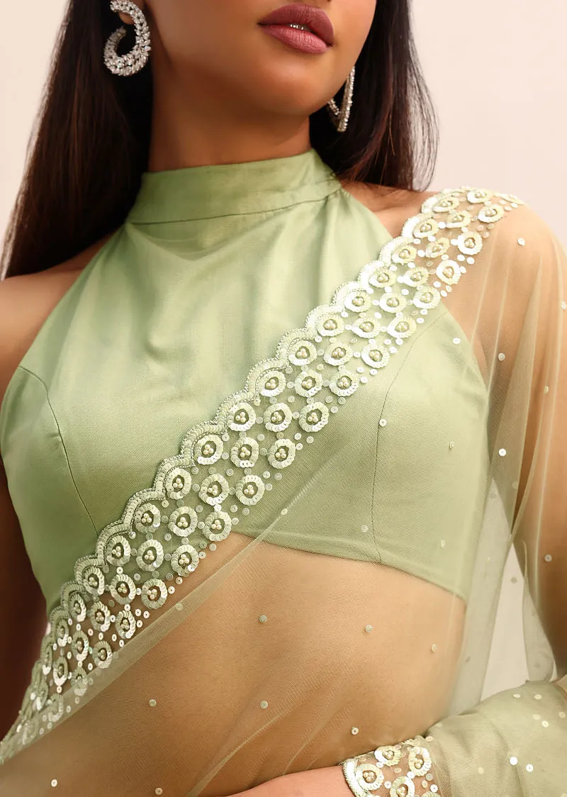 Green Organza Cutdana Saree