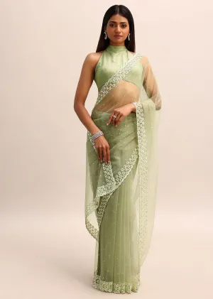 Green Organza Cutdana Saree