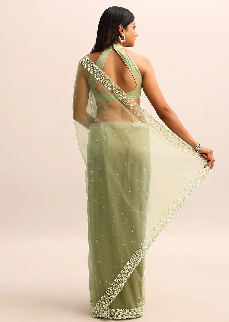 Green Organza Cutdana Saree