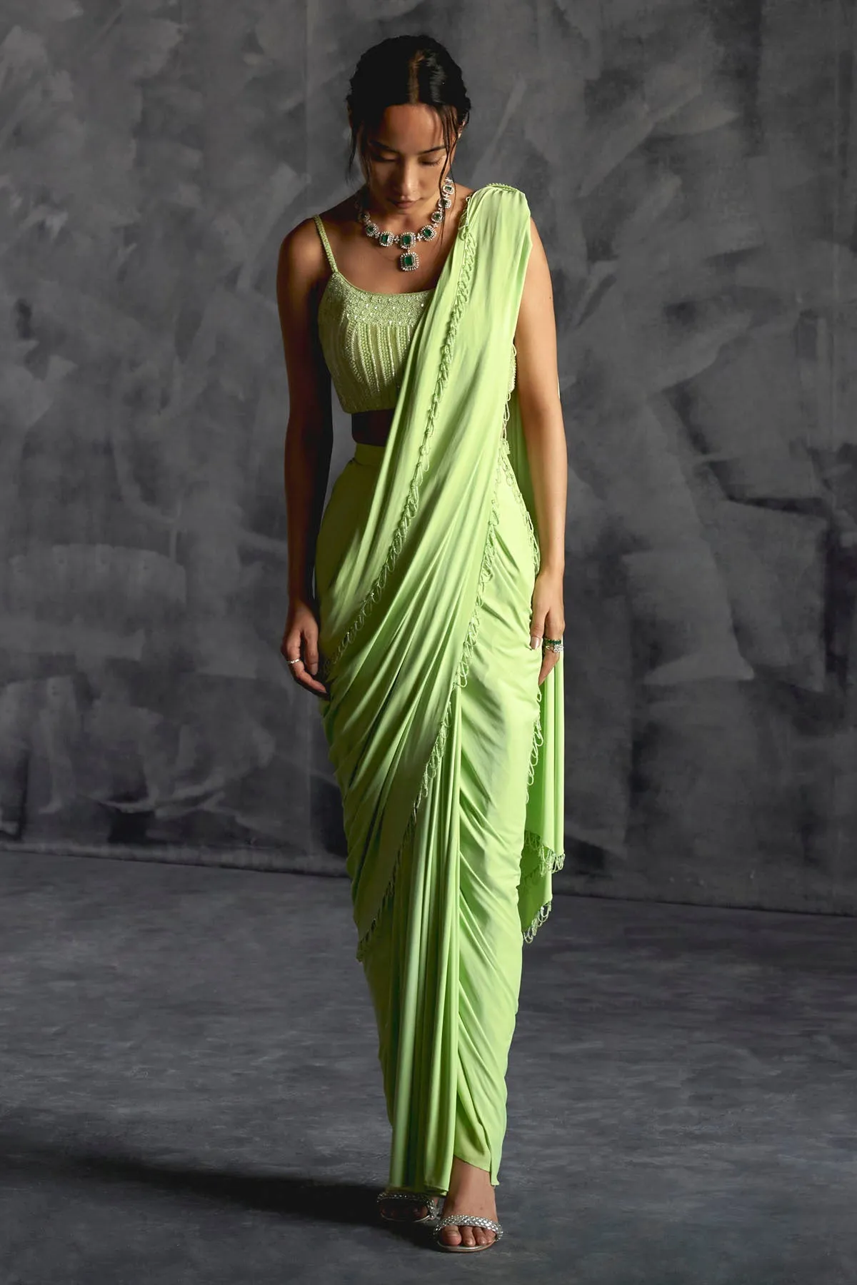 Green Saree & Embellished Blouse