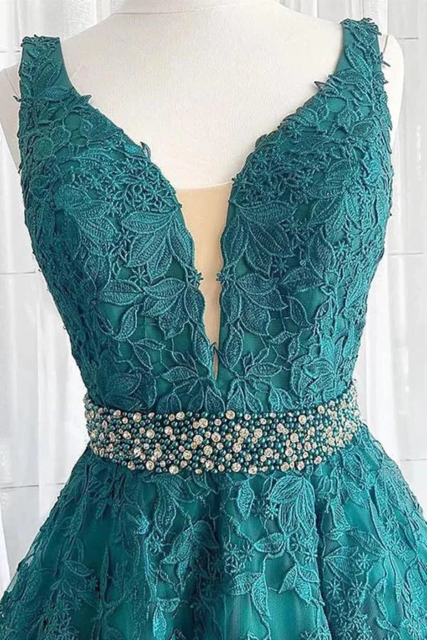 Green Tulle Beaded A-line Lace Appliques Prom Dresses, Long Formal Dress, MP849
