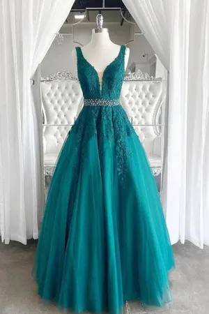 Green Tulle Beaded A-line Lace Appliques Prom Dresses, Long Formal Dress, MP849