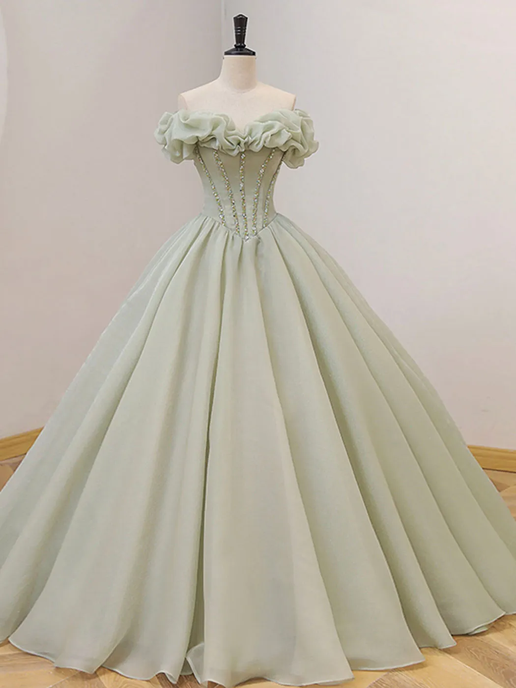 Green Tulle Beading Long Prom Dresses, Green Formal Graduation Dresses