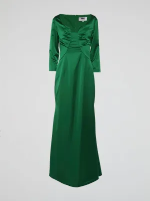 Green V-Neck Long Sleeve Evening Dress