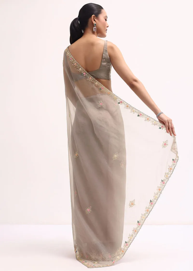 Grey Scallop Border Organza Saree