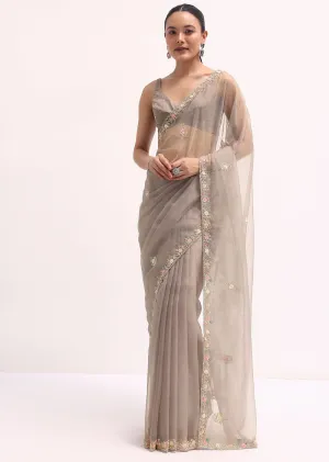 Grey Scallop Border Organza Saree