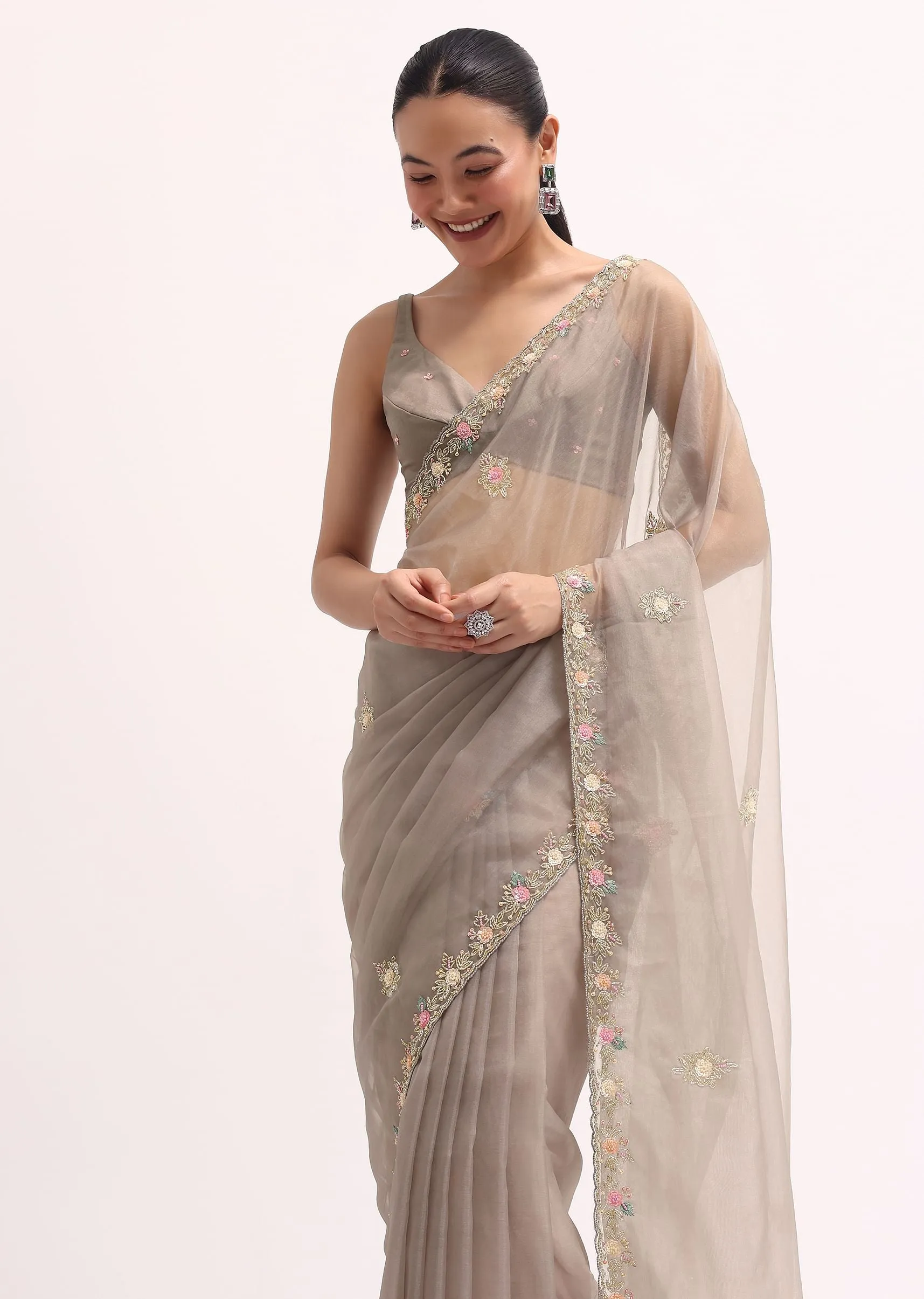 Grey Scallop Border Organza Saree