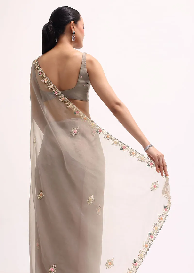 Grey Scallop Border Organza Saree