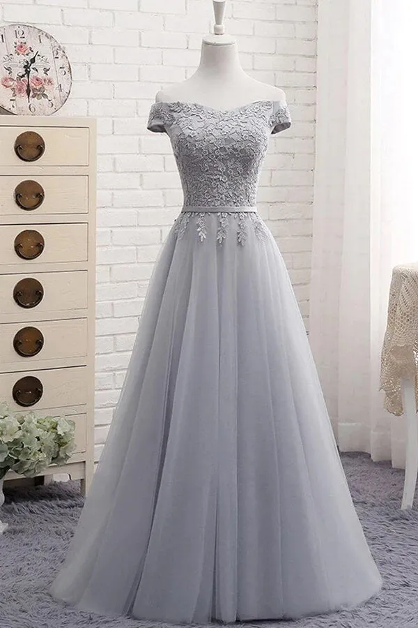 Grey Tulle A-line Off-the-Shoulder Lace-up Prom Dresses, Evening Dresses, MP786