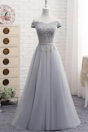 Grey Tulle A-line Off-the-Shoulder Lace-up Prom Dresses, Evening Dresses, MP786