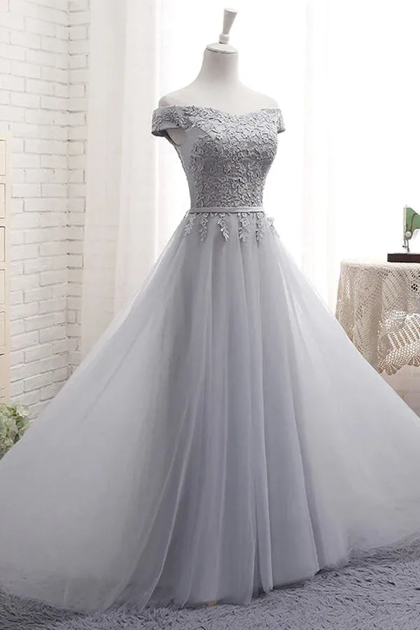 Grey Tulle A-line Off-the-Shoulder Lace-up Prom Dresses, Evening Dresses, MP786
