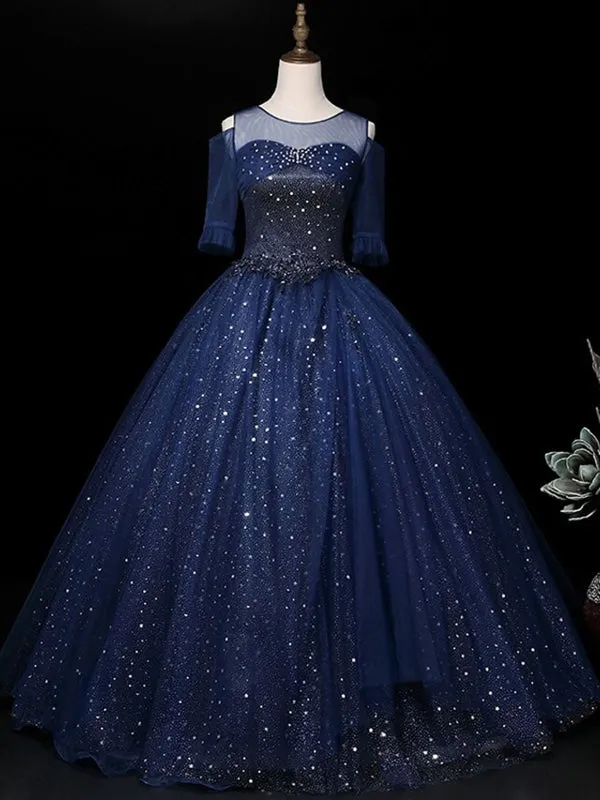 Half Sleeves Round Neck Navy Blue Beaded Long Prom Dresses, Shiny Beaded Navy Blue Formal Evening Dresses, Navy Blue Ball Gown