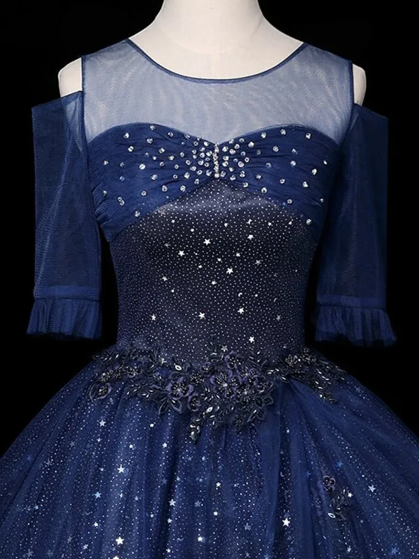 Half Sleeves Round Neck Navy Blue Beaded Long Prom Dresses, Shiny Beaded Navy Blue Formal Evening Dresses, Navy Blue Ball Gown
