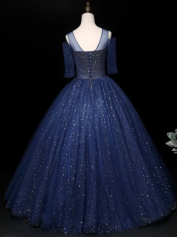 Half Sleeves Round Neck Navy Blue Beaded Long Prom Dresses, Shiny Beaded Navy Blue Formal Evening Dresses, Navy Blue Ball Gown