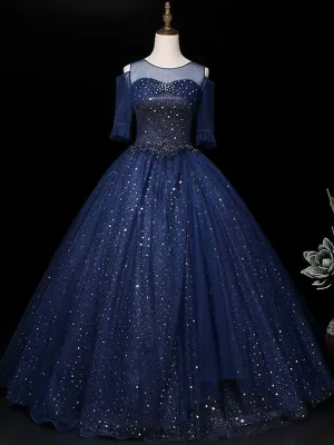 Half Sleeves Round Neck Navy Blue Beaded Long Prom Dresses, Shiny Beaded Navy Blue Formal Evening Dresses, Navy Blue Ball Gown
