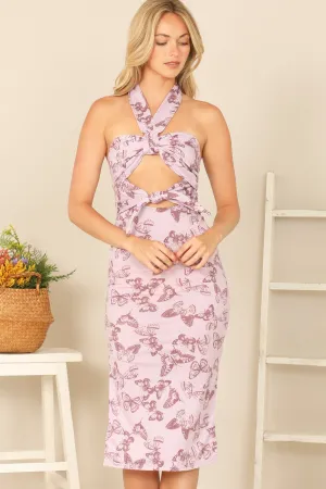HALTER FRONT CUT-OUT DETAIL BUTTERFLY PRINT DRESS