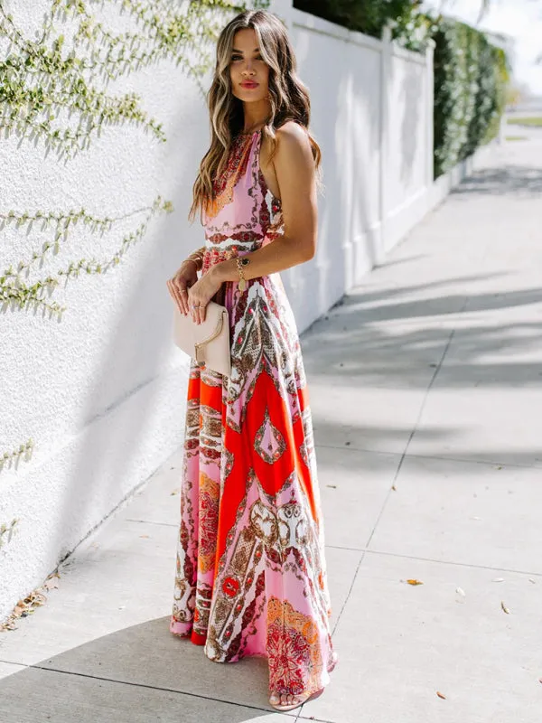 Halter Neck Maxi Dress with Paisley Geometric Print