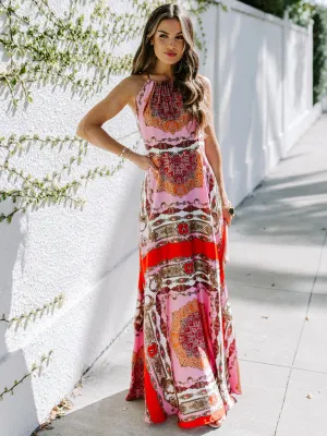 Halter Neck Maxi Dress with Paisley Geometric Print