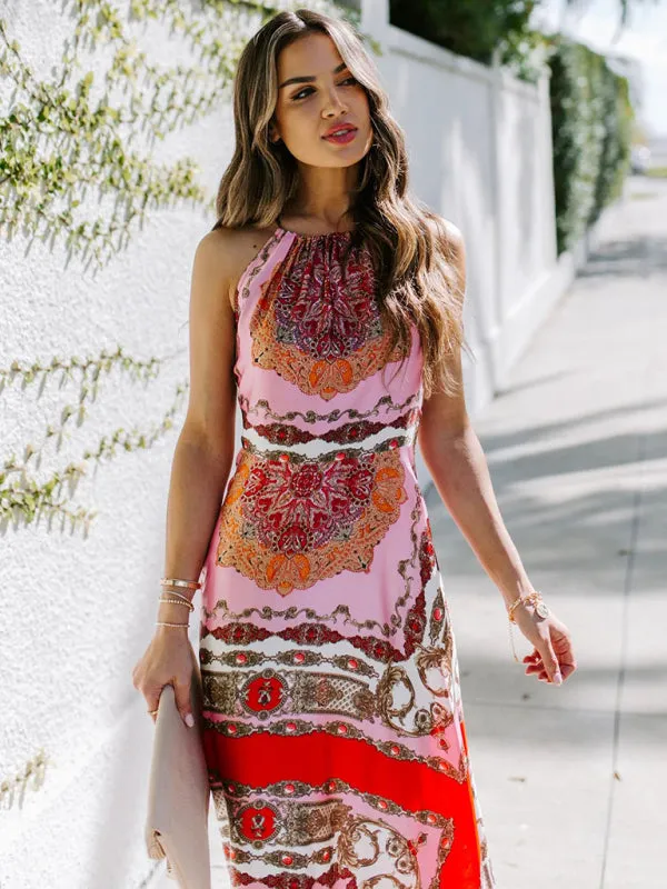 Halter Neck Maxi Dress with Paisley Geometric Print