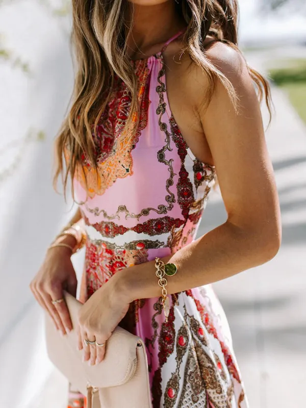 Halter Neck Maxi Dress with Paisley Geometric Print