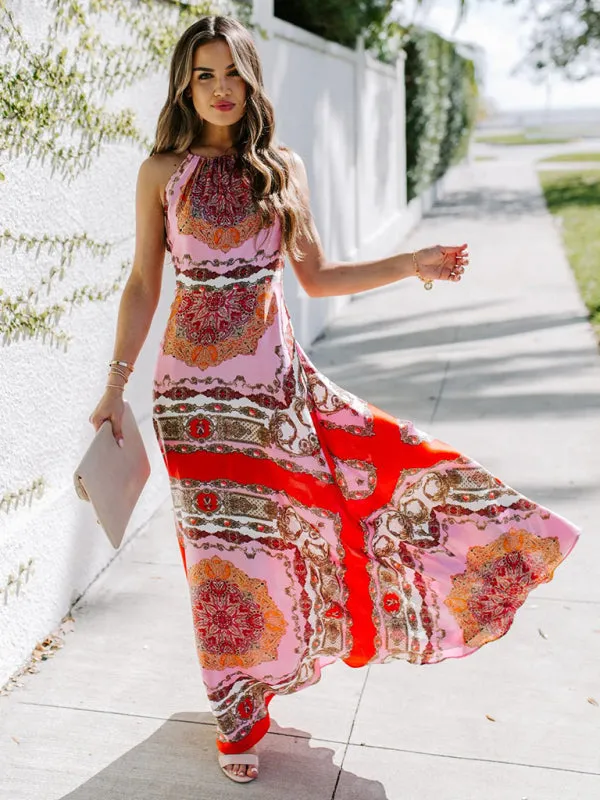 Halter Neck Maxi Dress with Paisley Geometric Print