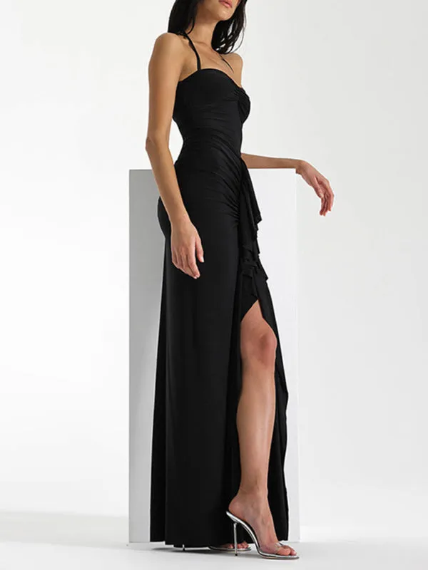 Halterneck Maxi Dress with Lace-Up Back and Pleated Ruffles