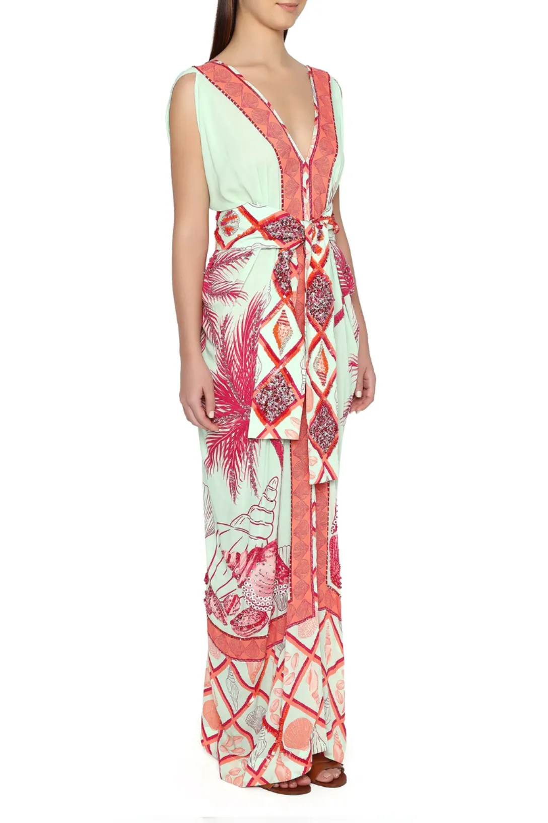 Hand Beaded Ocean Kaftan Dress | Coral and Celadon Palm Panel