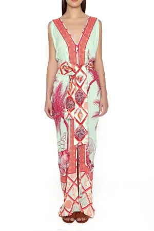 Hand Beaded Ocean Kaftan Dress | Coral and Celadon Palm Panel
