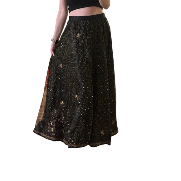 Handmade Vintage Black Maxi Skirt Beaded Embroidered Overlay Formal Boho Gothic