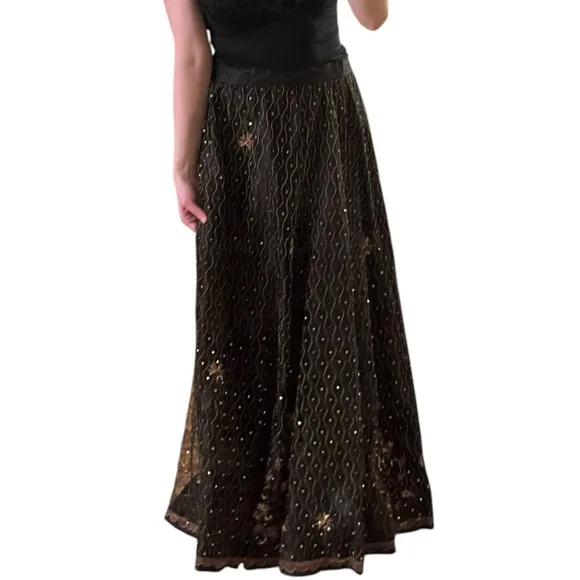 Handmade Vintage Black Maxi Skirt Beaded Embroidered Overlay Formal Boho Gothic
