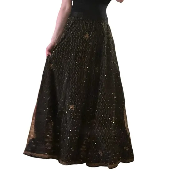 Handmade Vintage Black Maxi Skirt Beaded Embroidered Overlay Formal Boho Gothic