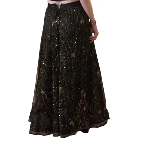 Handmade Vintage Black Maxi Skirt Beaded Embroidered Overlay Formal Boho Gothic