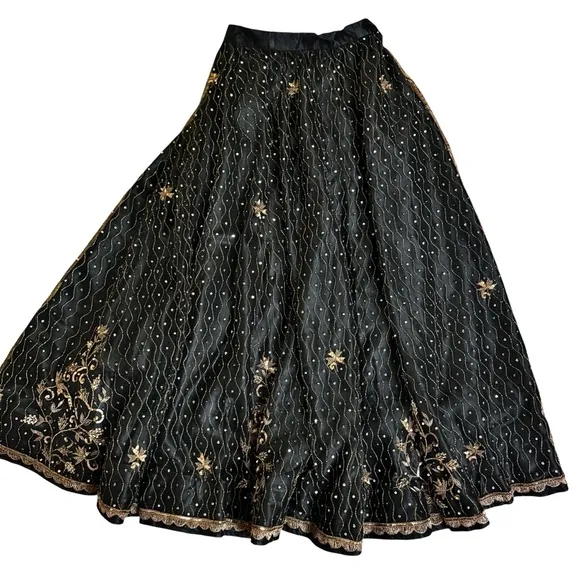 Handmade Vintage Black Maxi Skirt Beaded Embroidered Overlay Formal Boho Gothic
