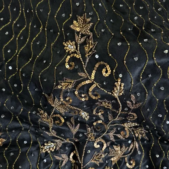 Handmade Vintage Black Maxi Skirt Beaded Embroidered Overlay Formal Boho Gothic