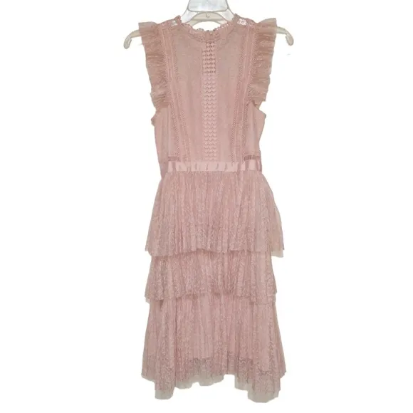 HEARTLOOM Anthro Lace Tiered Dress Dusty Rose Pink XS 0 2 NWOT