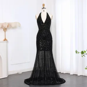 HELEN Luxury Beaded Halter Open Back Mermaid Black Evening Dress