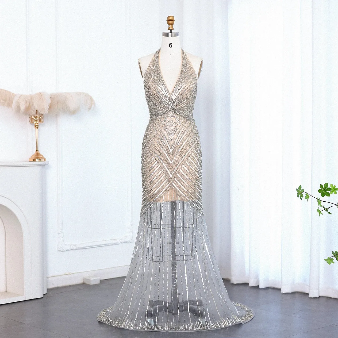 HELEN Luxury Beaded Halter Open Back Mermaid Black Evening Dress