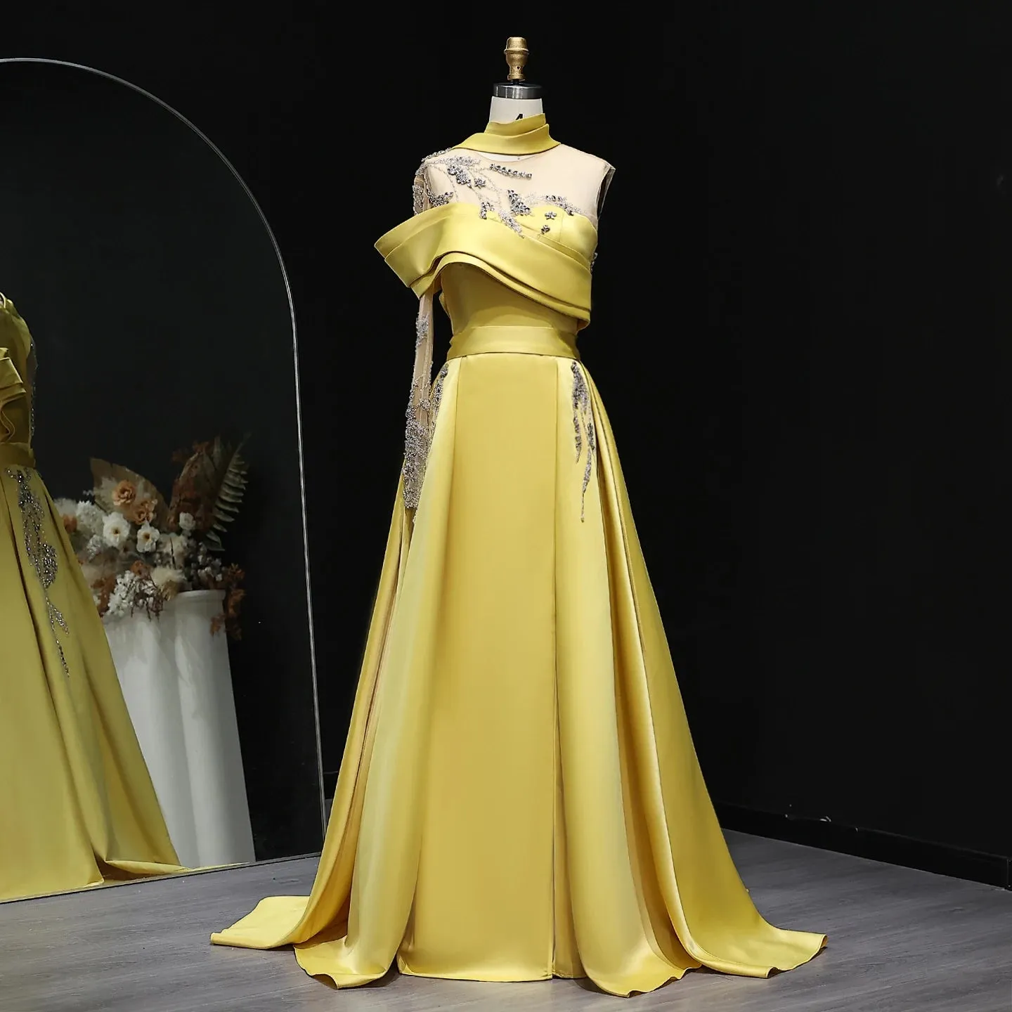 HELEN Luxury Elegant Yellow Satin Evening Gowns with Overskirt