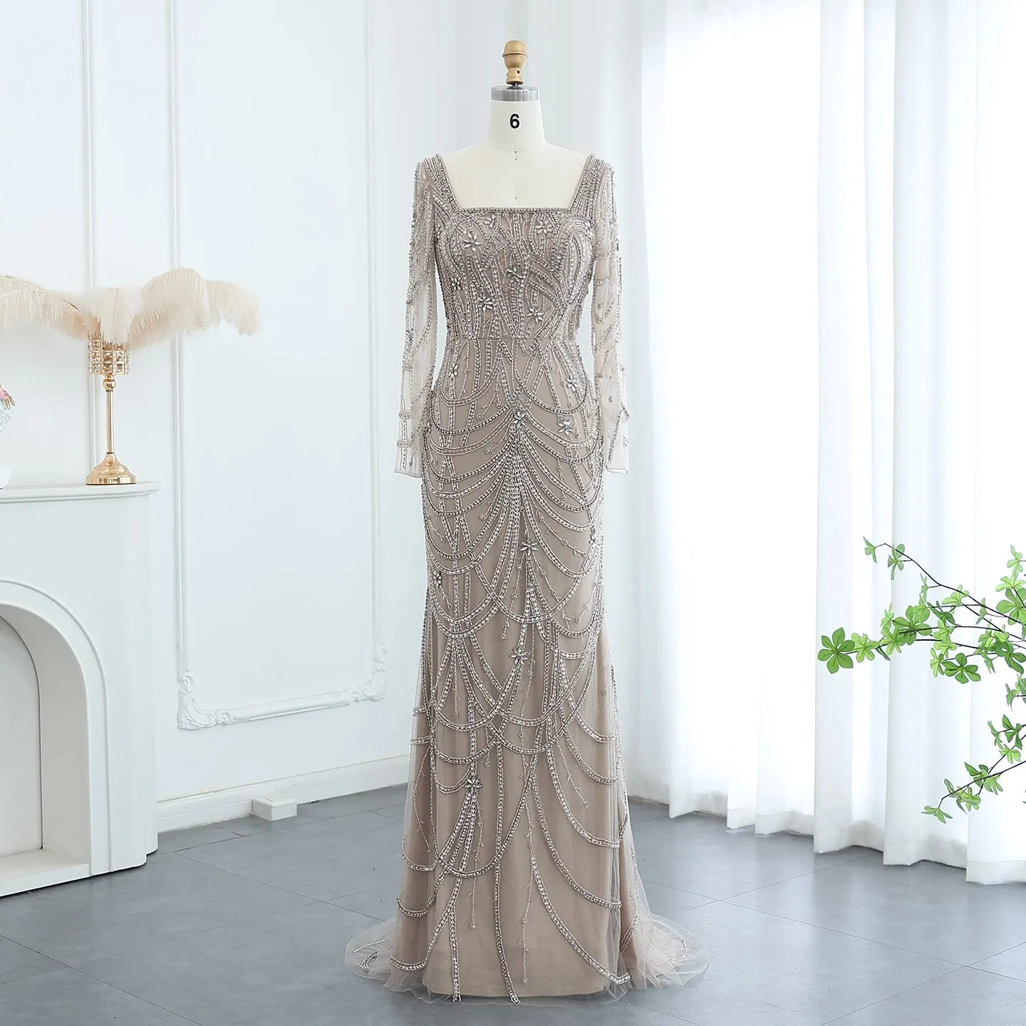 HELEN Luxury Long Sleeves Beaded Evening Dress