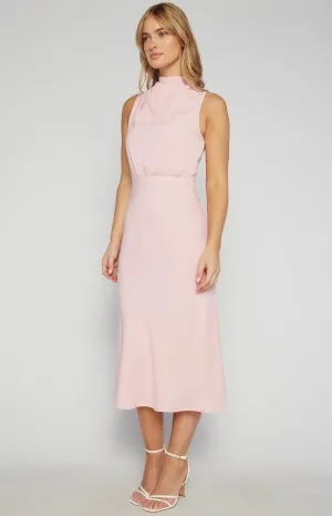 High Cowl Neck A Line Midi Dress - Pink